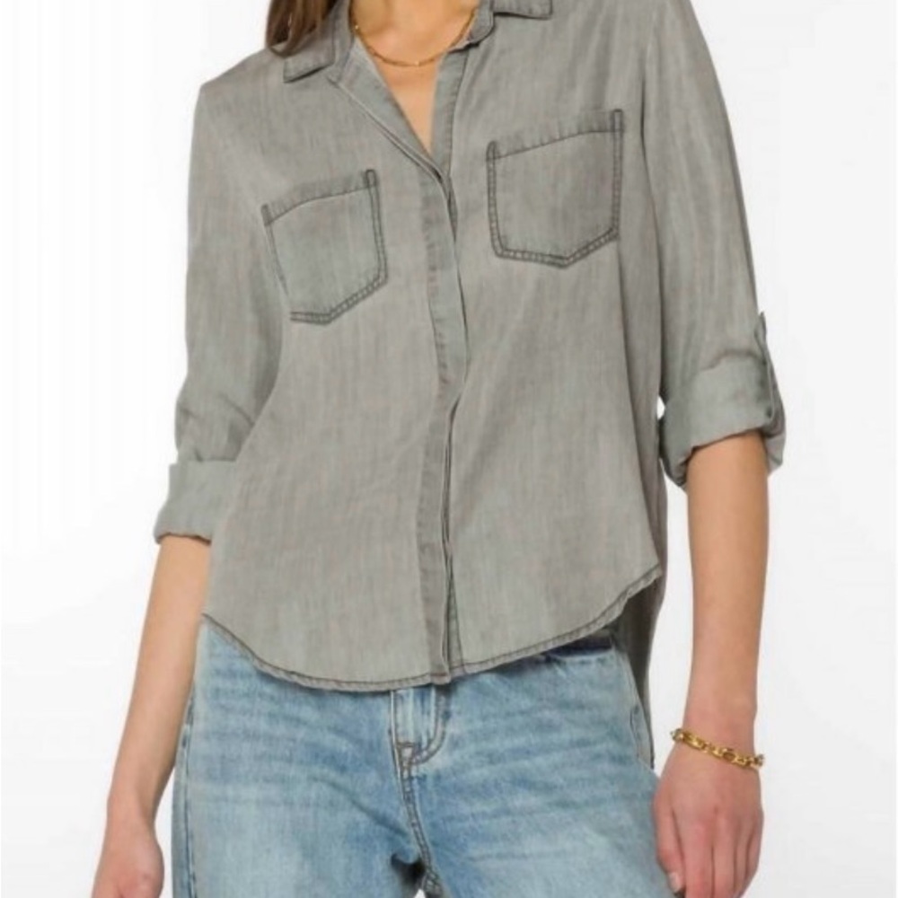NWT. Velvet Heart Riley Button Up Top, Vintage Grey, Roll Tab Sleeves, Sz XL